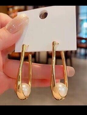 Gold Pearl Drop‎ Hoop Earrings - Women Jewelry New G14